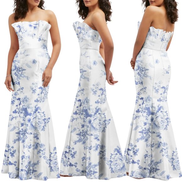 Alfred Sung Floral Ruffle Strapless Trumpet Maxi Gown Women's 4 Cottage Rose NWT - Picture 1 of 12